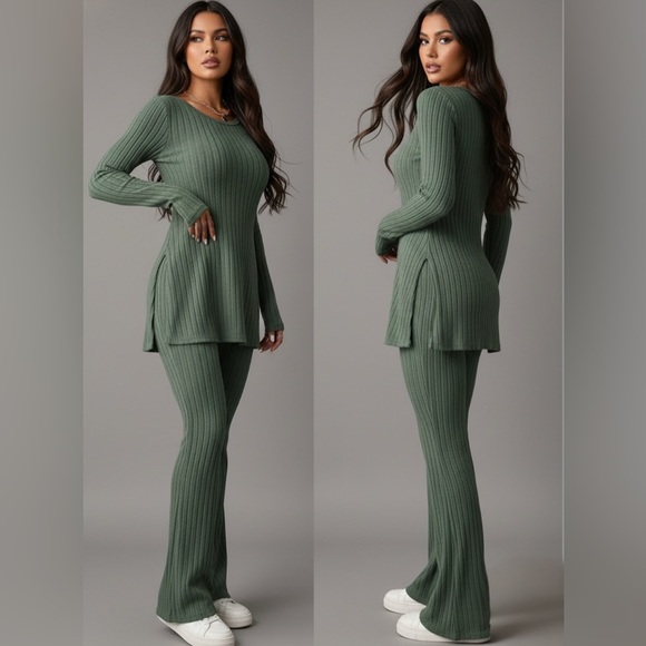 Green Ribbed Split Hem Tee & Flare Leg Pants - Picture 1 of 6